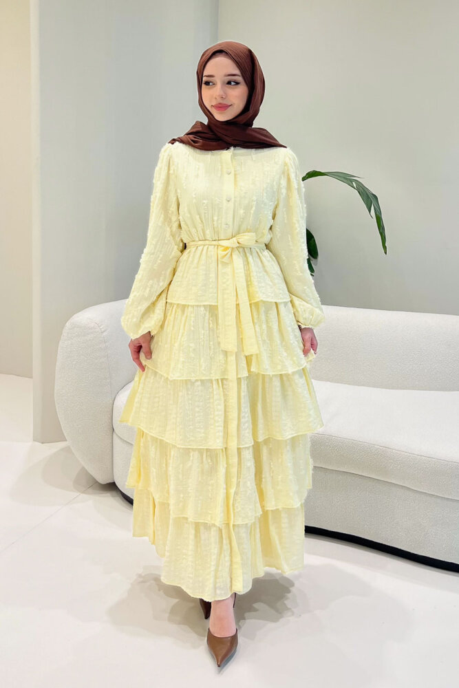 Acelia Kat Kat Volanlı Elbise - Bej - 6