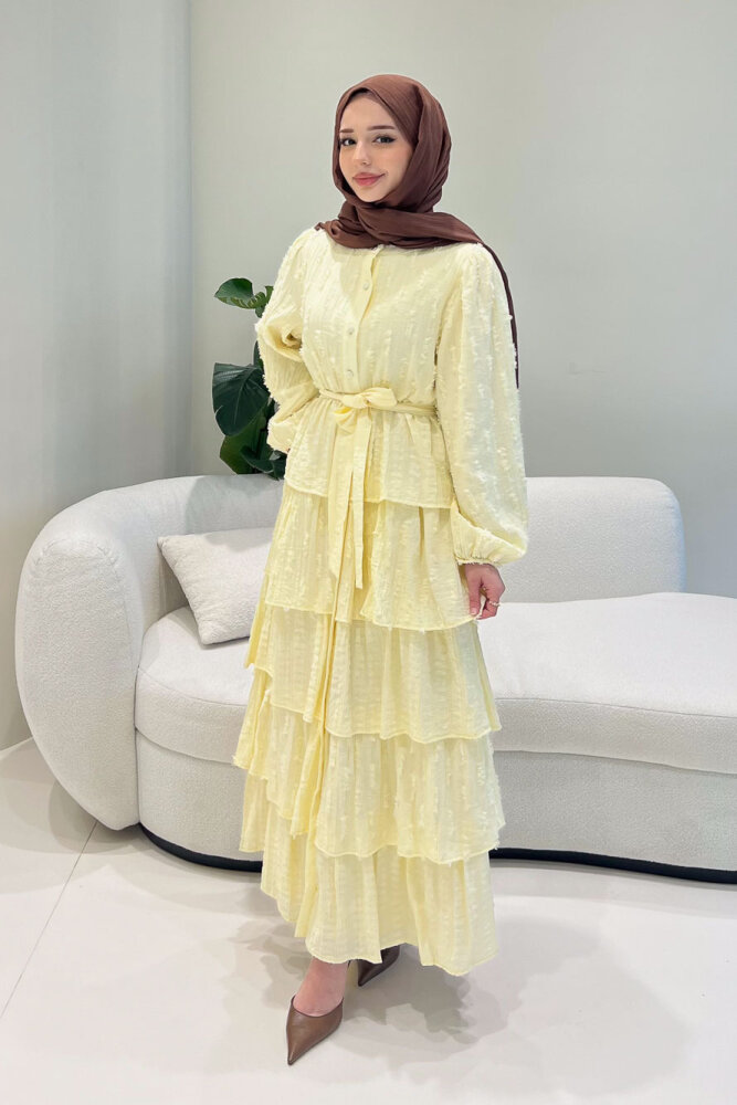 Acelia Kat Kat Volanlı Elbise - Bej - 8