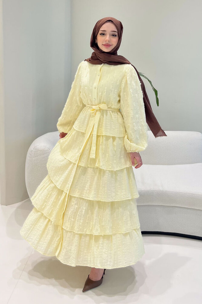 Acelia Kat Kat Volanlı Elbise - Bej - 5