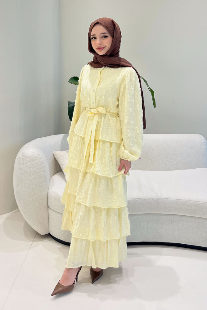 Acelia Kat Kat Volanlı Elbise - Bej - 7