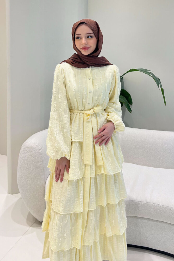 Acelia Kat Kat Volanlı Elbise - Bej - 9