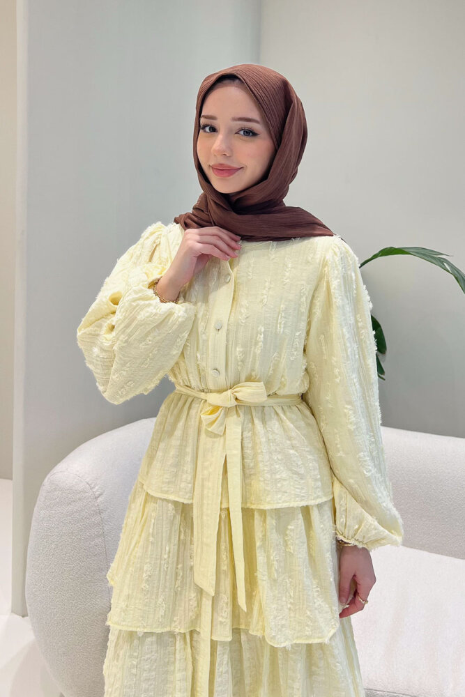 Acelia Kat Kat Volanlı Elbise - Bej - HEWES (1)