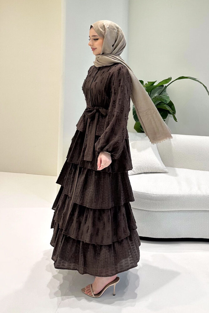 Acelia Kat Kat Volanlı Elbise - Kahverengi - 5