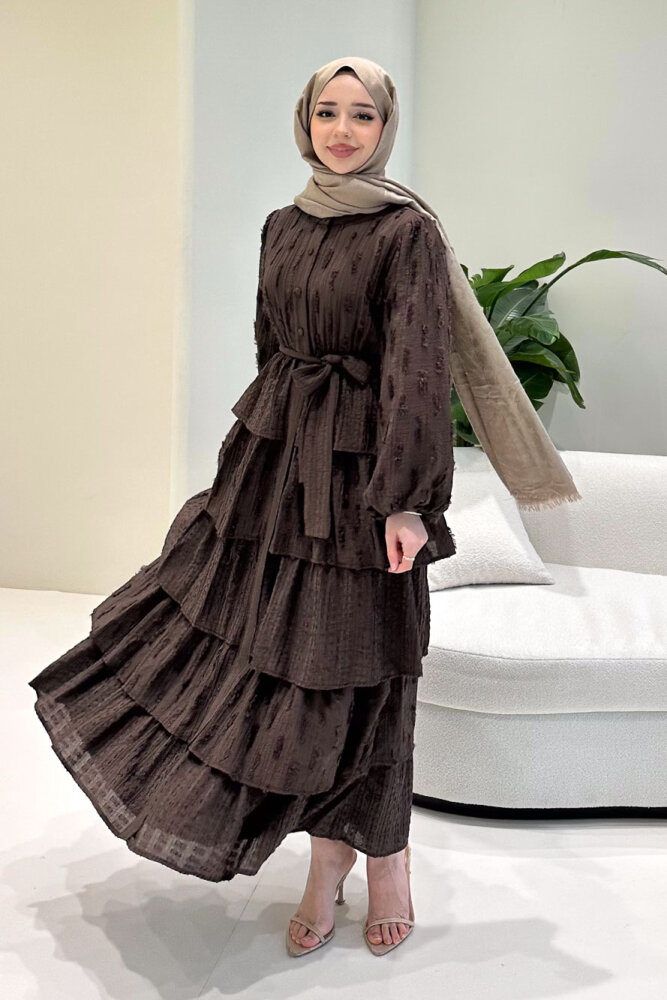 Acelia Kat Kat Volanlı Elbise - Kahverengi - 3