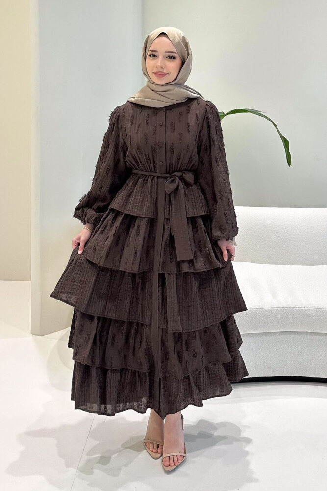 Acelia Kat Kat Volanlı Elbise - Kahverengi - 1