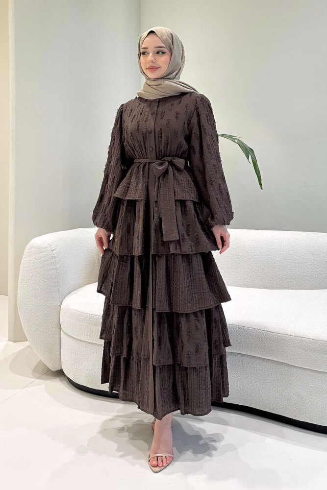 Acelia Kat Kat Volanlı Elbise - Kahverengi - 7