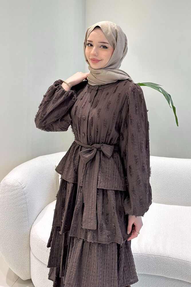 Acelia Kat Kat Volanlı Elbise - Kahverengi - HEWES (3)