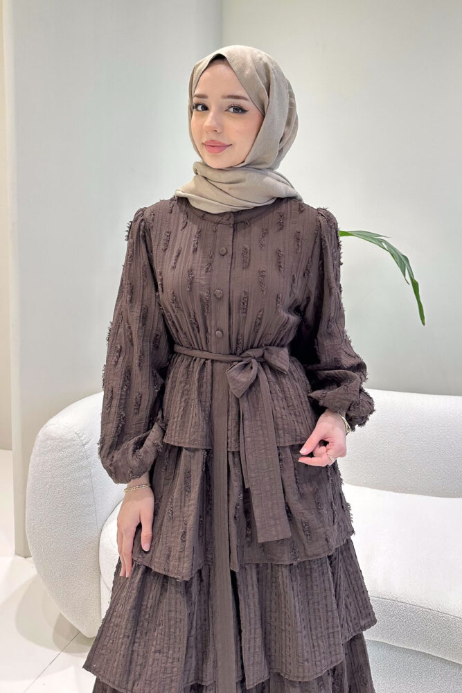 Acelia Kat Kat Volanlı Elbise - Kahverengi - 6