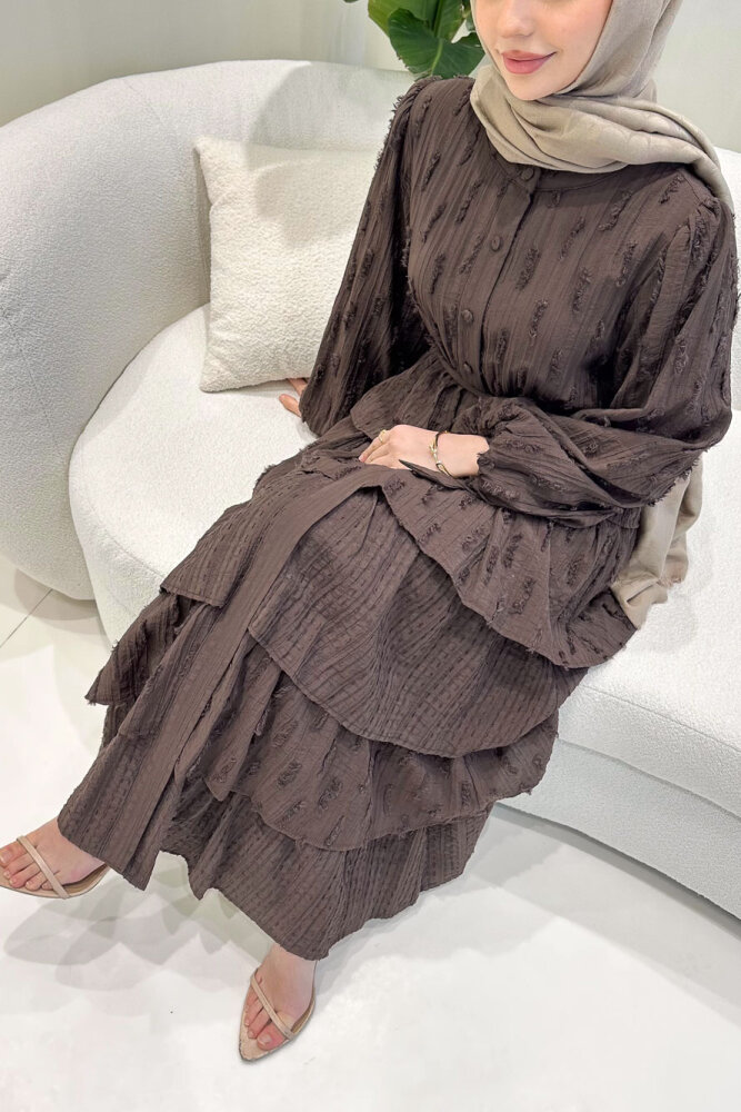 Acelia Kat Kat Volanlı Elbise - Kahverengi - 9