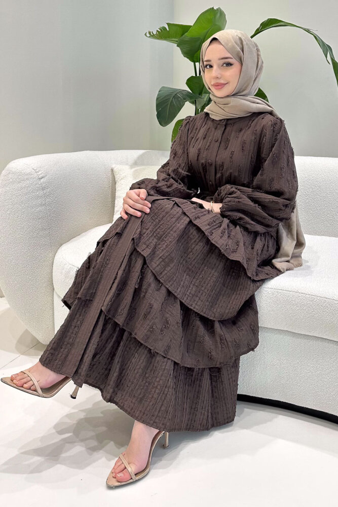 Acelia Kat Kat Volanlı Elbise - Kahverengi - 2