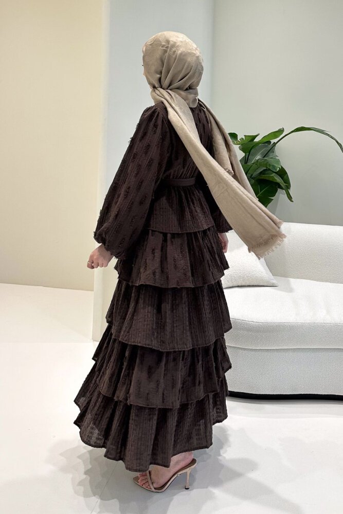 Acelia Kat Kat Volanlı Elbise - Kahverengi - 10