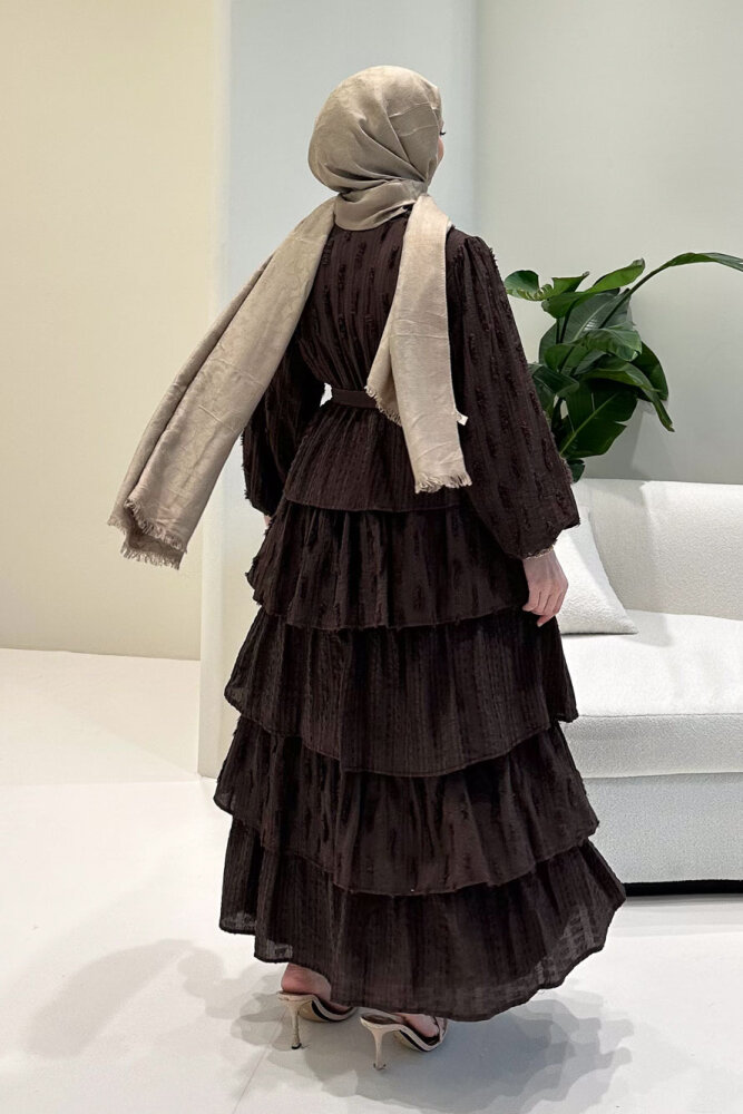 Acelia Kat Kat Volanlı Elbise - Kahverengi - 8