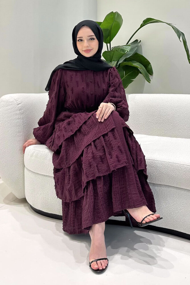 Acelia Kat Kat Volanlı Elbise - Mürdüm - HEWES (1)