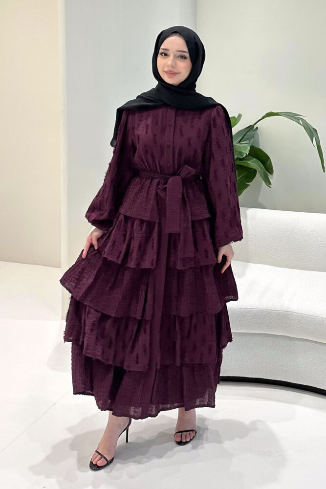 Acelia Kat Kat Volanlı Elbise - Mürdüm - HEWES (3)