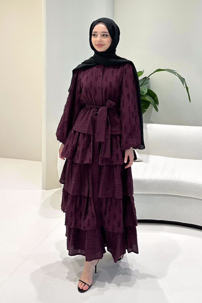 Acelia Kat Kat Volanlı Elbise - Mürdüm - 8