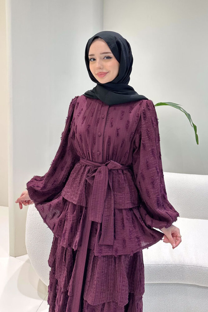 Acelia Kat Kat Volanlı Elbise - Mürdüm - HEWES (2)