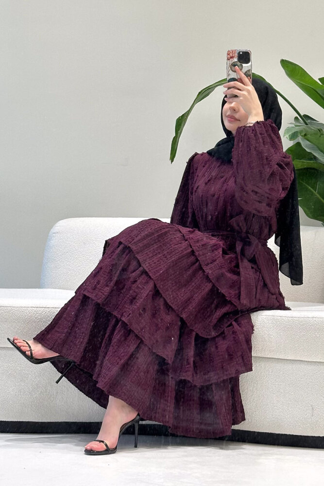 Acelia Kat Kat Volanlı Elbise - Mürdüm - HEWES (0)