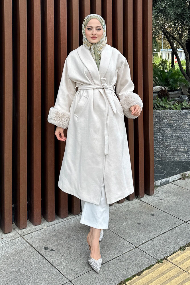 Afrodit Kolu Kürklü Kaşe Kaban - Ekru - HENZA (3)