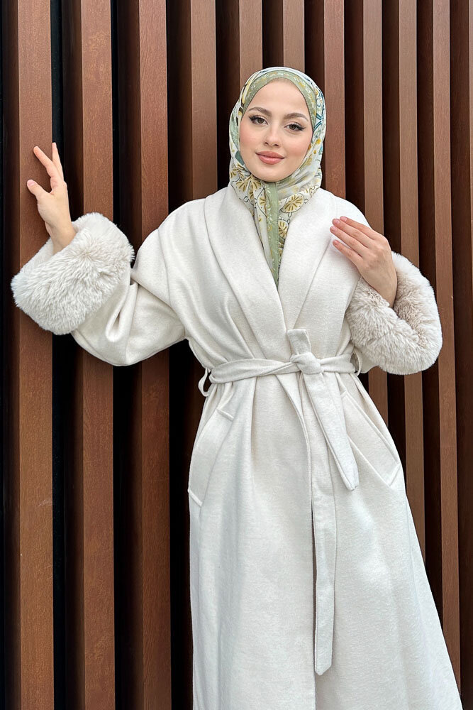 Afrodit Kolu Kürklü Kaşe Kaban - Ekru - 3