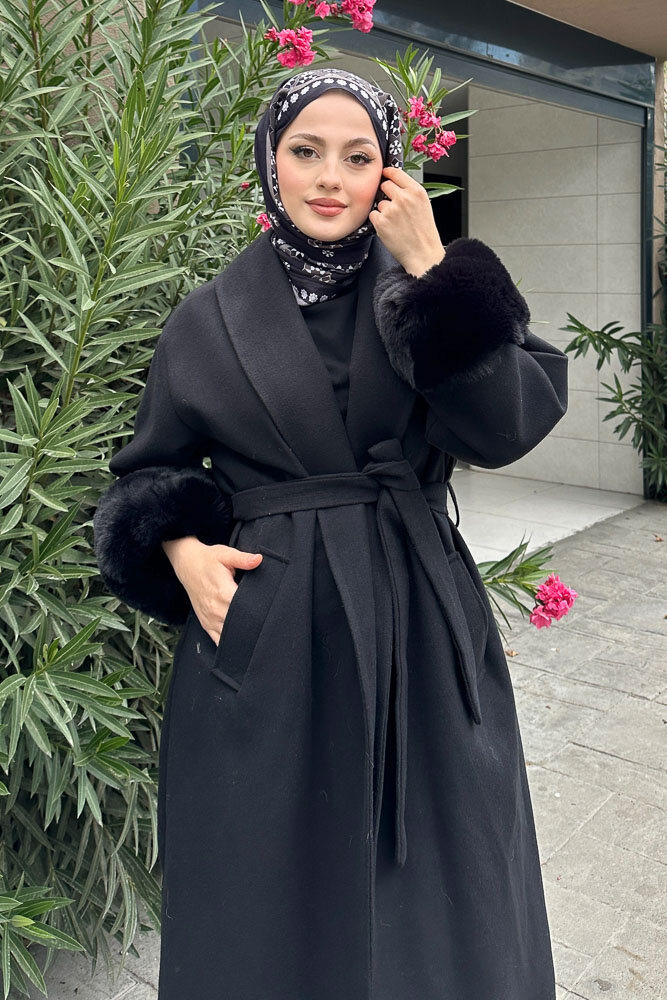 Afrodit Kolu Kürklü Kaşe Kaban - Siyah - 3