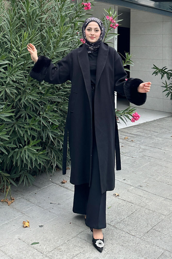 Afrodit Kolu Kürklü Kaşe Kaban - Siyah - 9