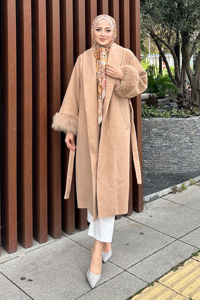 Afrodit Kolu Kürklü Kaşe Kaban - Vizon - HENZA (2)