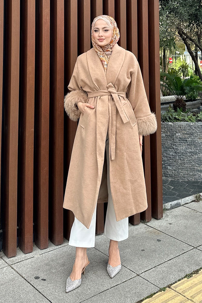 Afrodit Kolu Kürklü Kaşe Kaban - Vizon - HENZA (3)