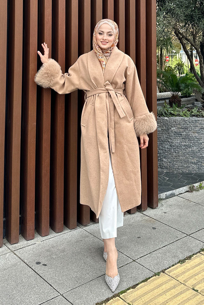 Afrodit Kolu Kürklü Kaşe Kaban - Vizon - HENZA (5)