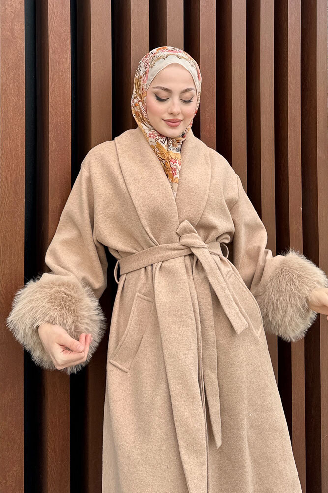 Afrodit Kolu Kürklü Kaşe Kaban - Vizon - HENZA (1)