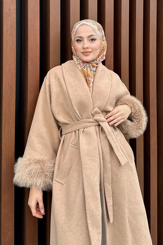 Afrodit Kolu Kürklü Kaşe Kaban - Vizon - 5