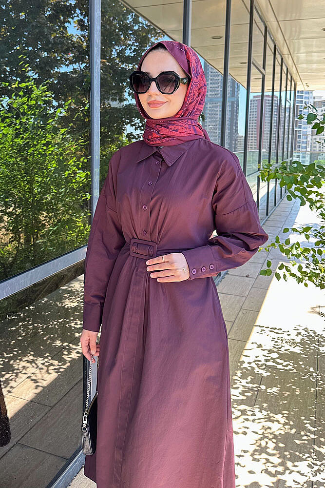 Alaz Beli Kemer Detaylı Elbise - Bordo - PUANE (4)