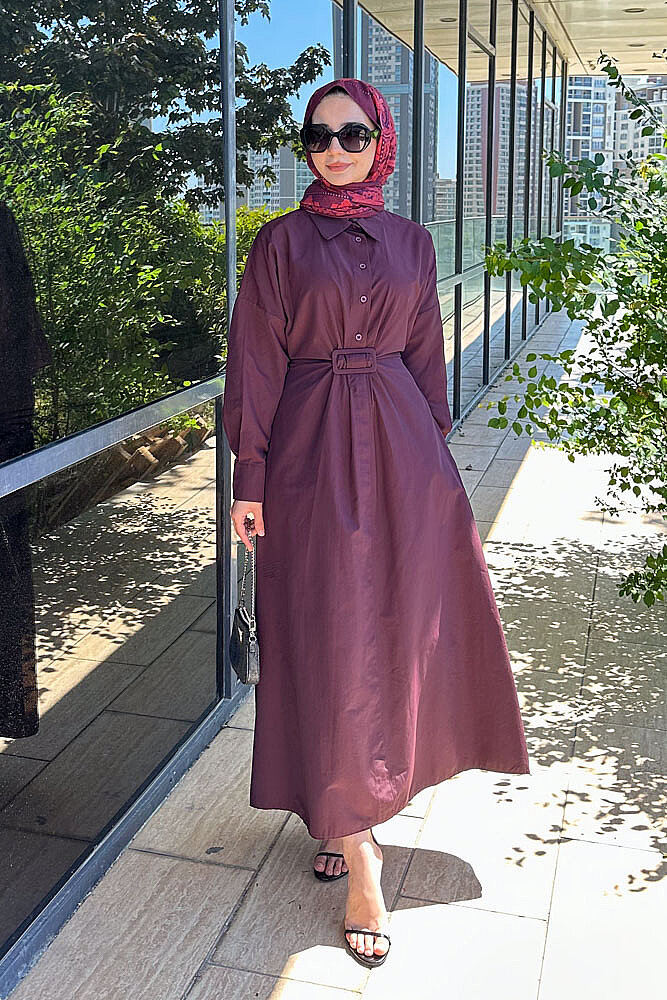 Alaz Beli Kemer Detaylı Elbise - Bordo - 4