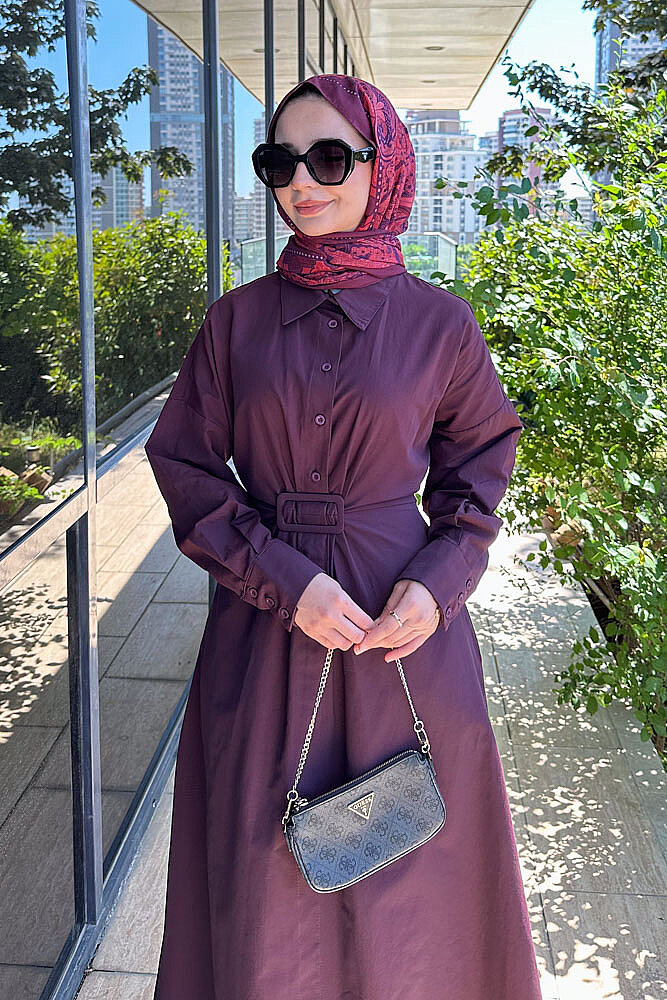 Alaz Beli Kemer Detaylı Elbise - Bordo - PUANE (1)