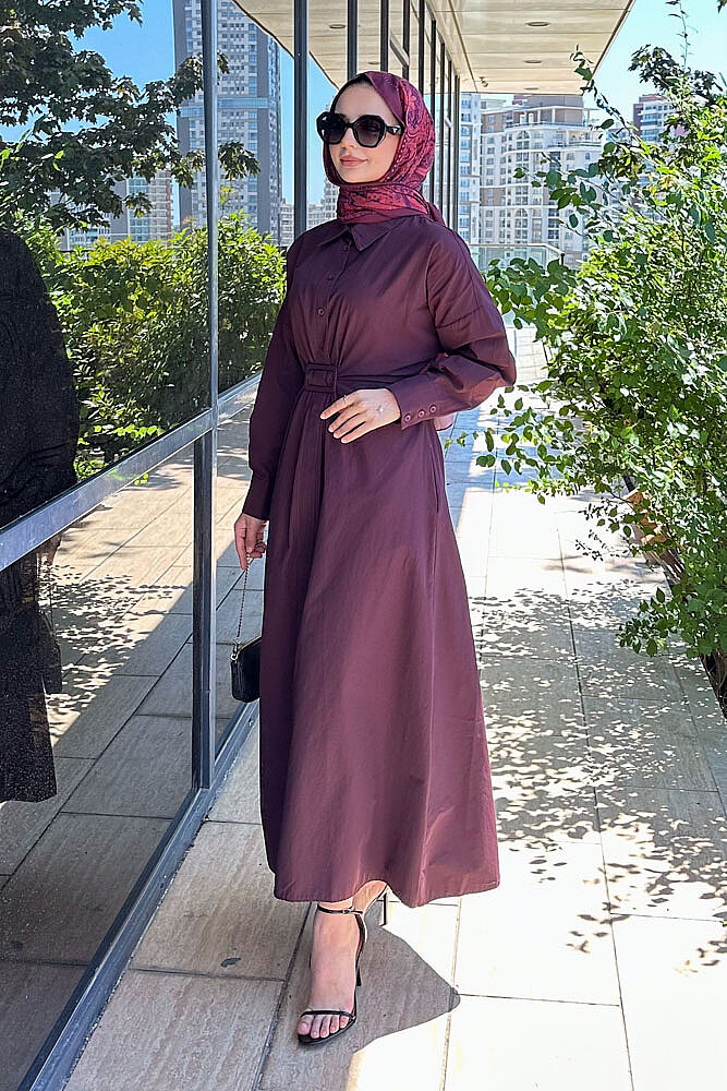 Alaz Beli Kemer Detaylı Elbise - Bordo - 1