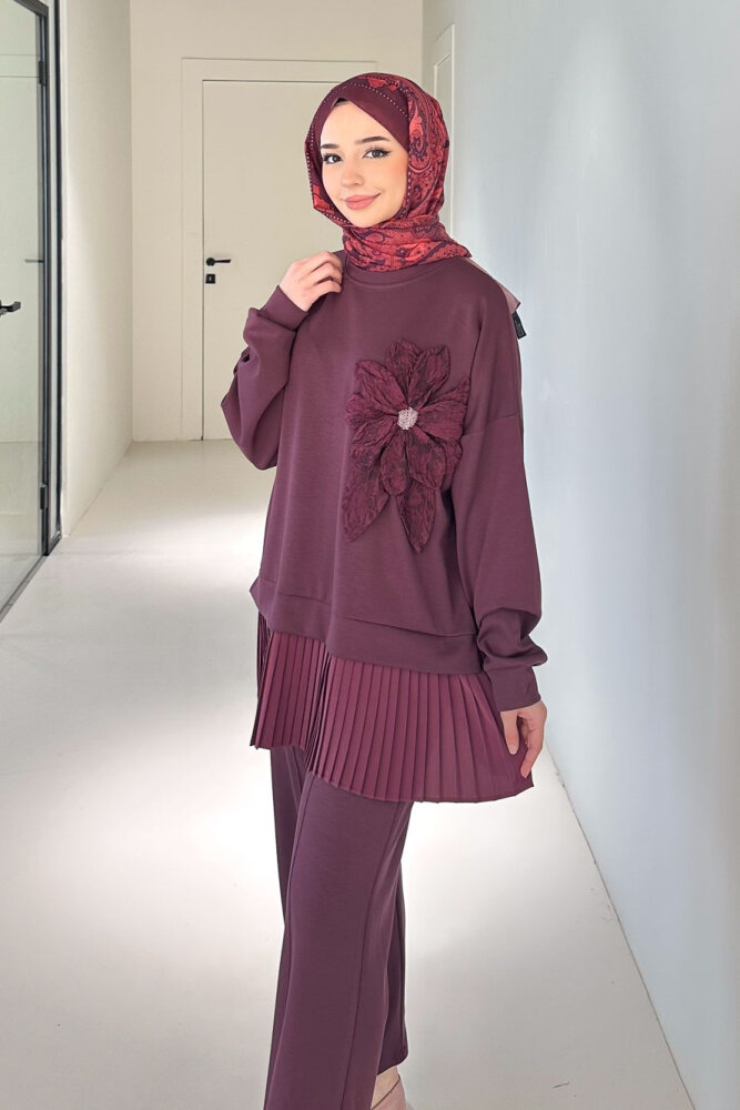 Alin Eteği Pileli Çiçekli Pantolon Takım - Bordo - 4