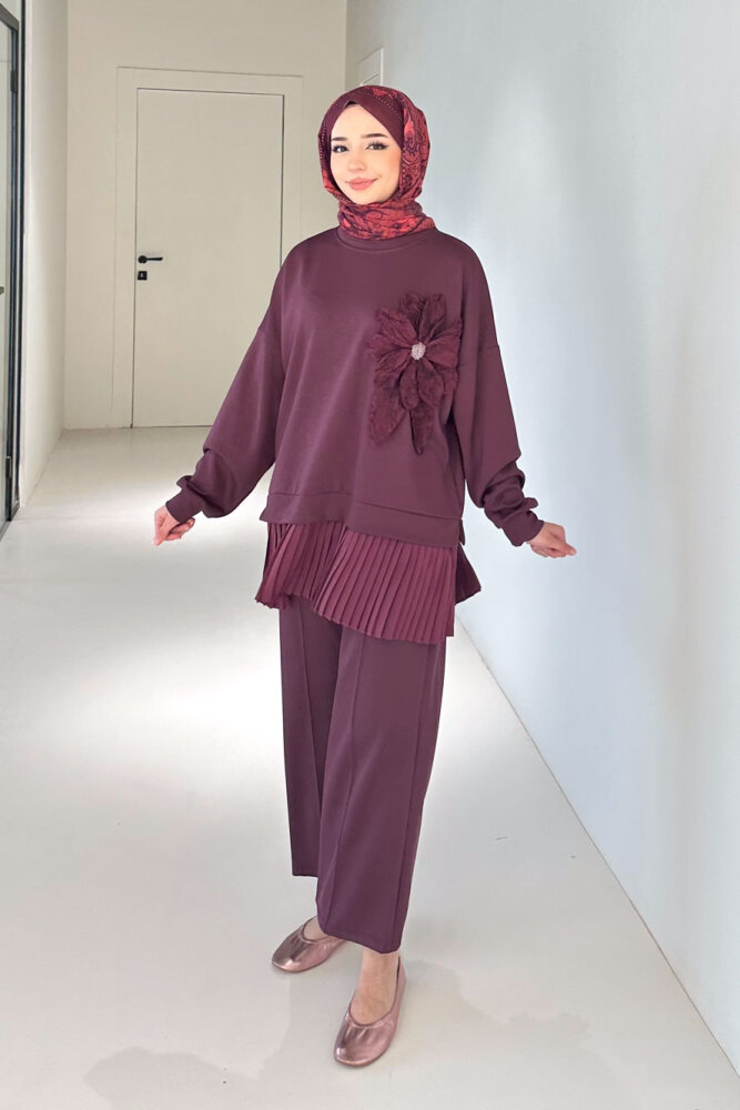 Alin Eteği Pileli Çiçekli Pantolon Takım - Bordo - 1