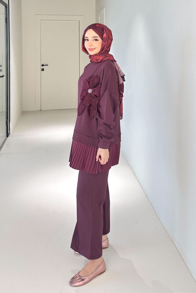 Alin Eteği Pileli Çiçekli Pantolon Takım - Bordo - 5