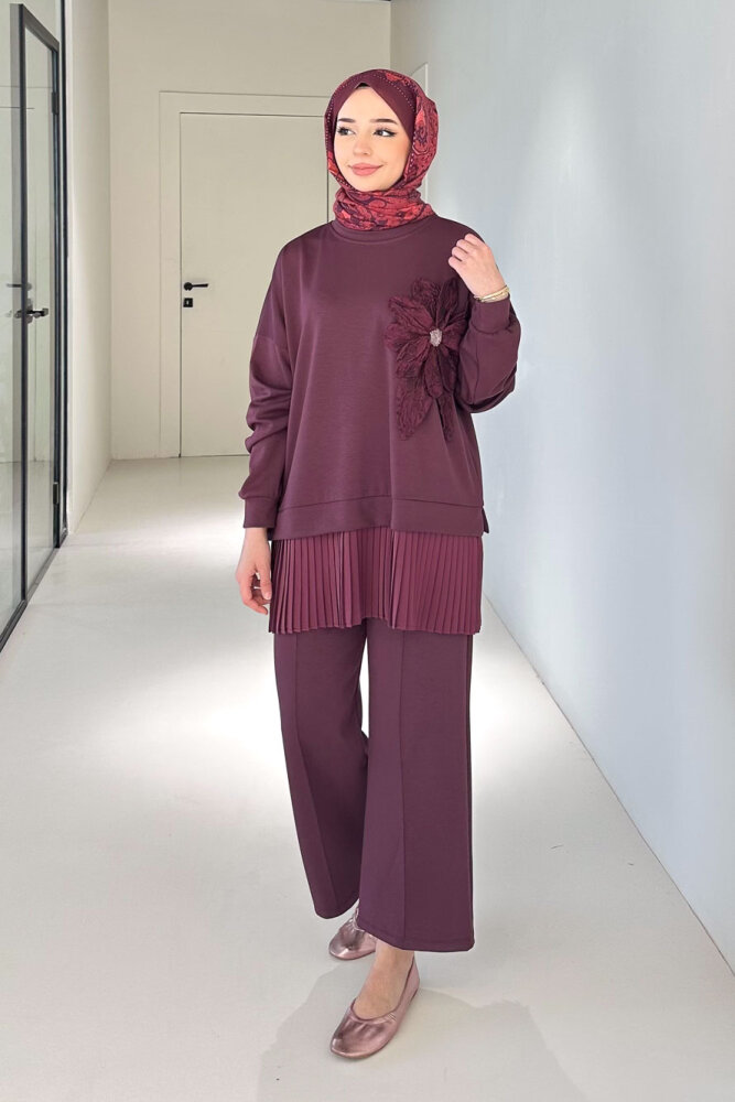 Alin Eteği Pileli Çiçekli Pantolon Takım - Bordo - 6