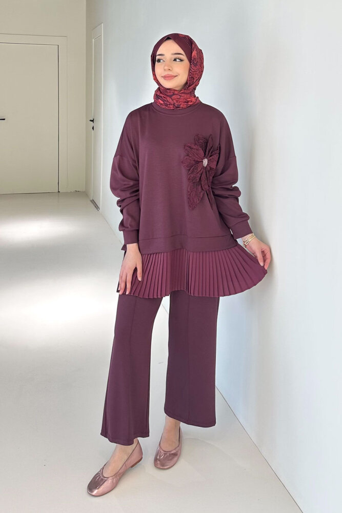 Alin Eteği Pileli Çiçekli Pantolon Takım - Bordo - 7