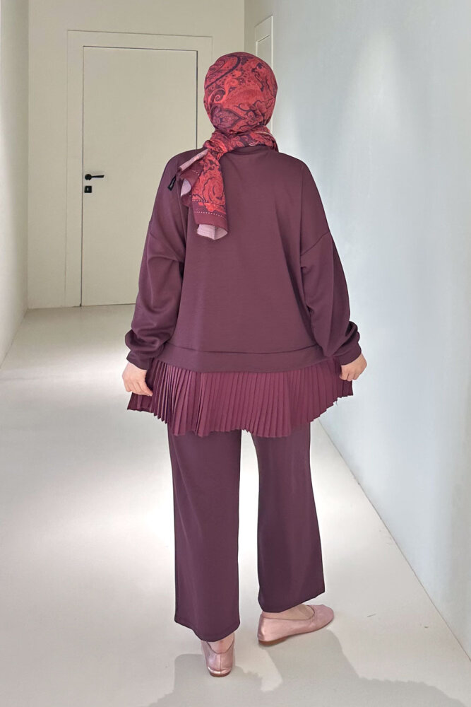 Alin Eteği Pileli Çiçekli Pantolon Takım - Bordo - 8