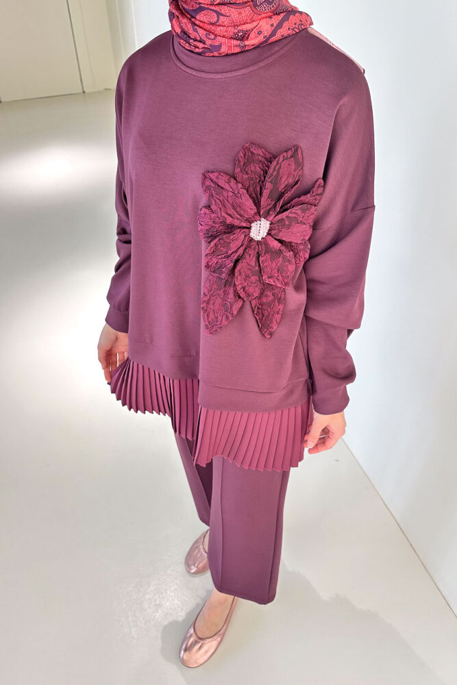 Alin Eteği Pileli Çiçekli Pantolon Takım - Bordo - 2