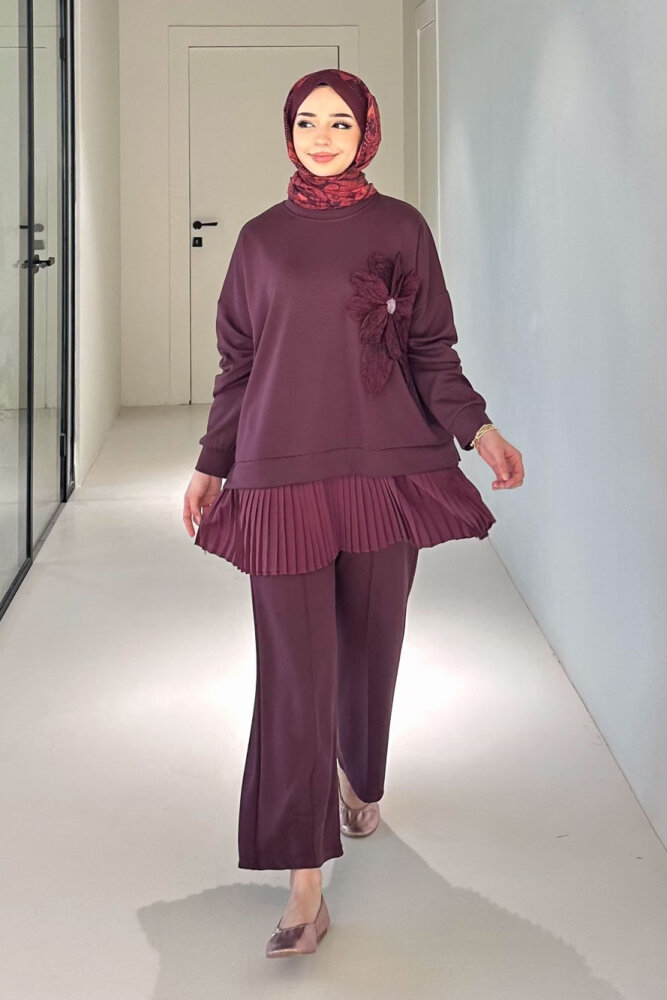 Alin Eteği Pileli Çiçekli Pantolon Takım - Bordo - 3