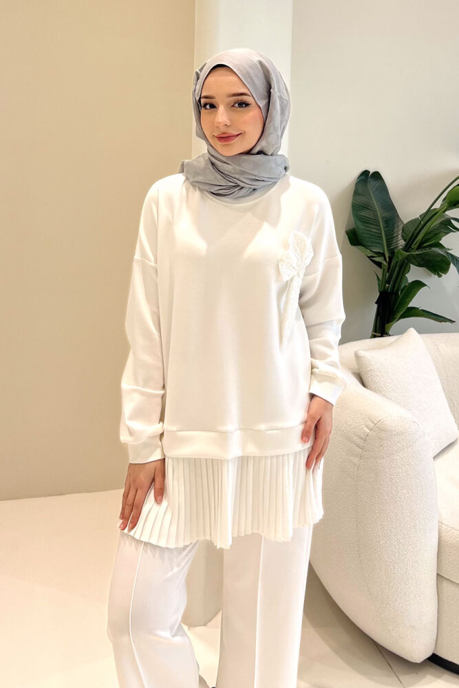 Alin Eteği Pileli Çiçekli Pantolon Takım - Ekru - 4