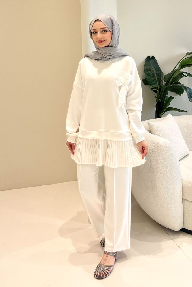 Alin Eteği Pileli Çiçekli Pantolon Takım - Ekru - 5