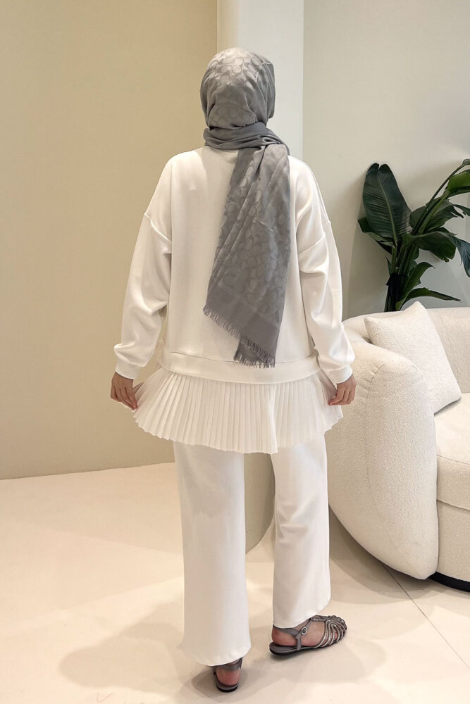 Alin Eteği Pileli Çiçekli Pantolon Takım - Ekru - 8