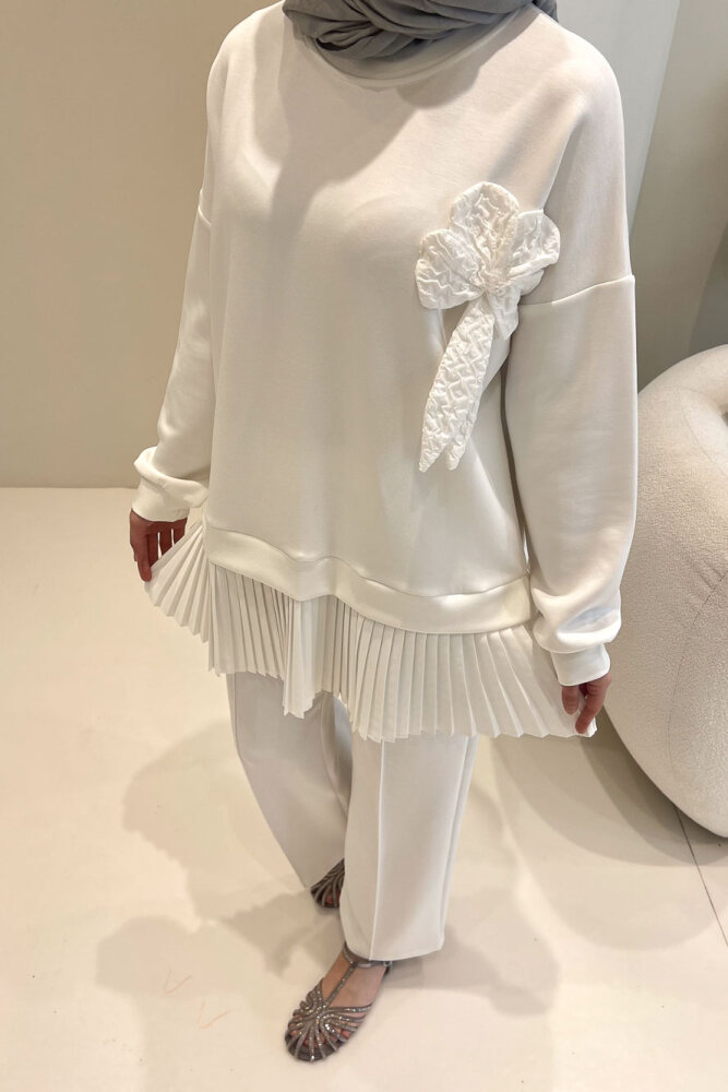 Alin Eteği Pileli Çiçekli Pantolon Takım - Ekru - 6