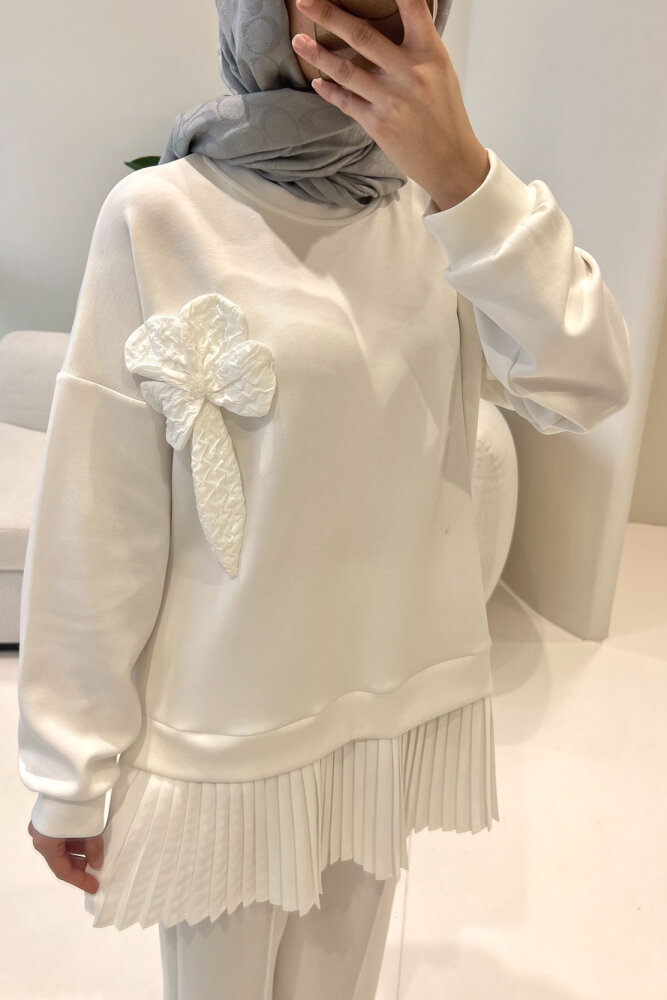 Alin Eteği Pileli Çiçekli Pantolon Takım - Ekru - 3