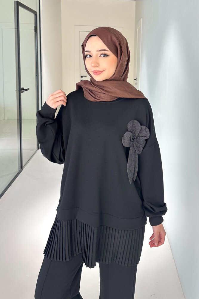Alin Eteği Pileli Çiçekli Pantolon Takım - Siyah - 4