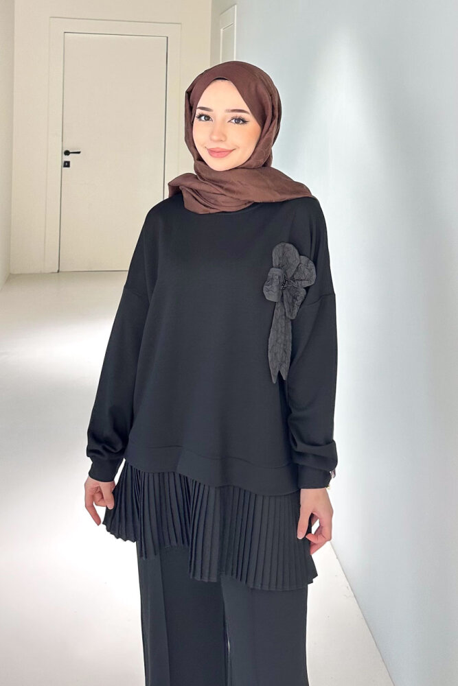 Alin Eteği Pileli Çiçekli Pantolon Takım - Siyah - 7