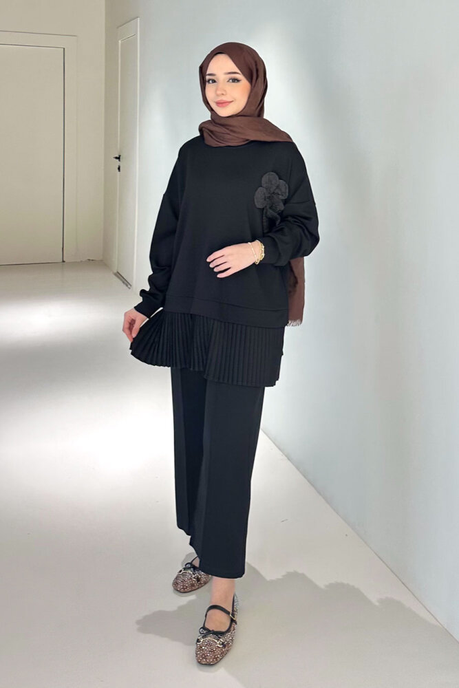Alin Eteği Pileli Çiçekli Pantolon Takım - Siyah - QUB (5)